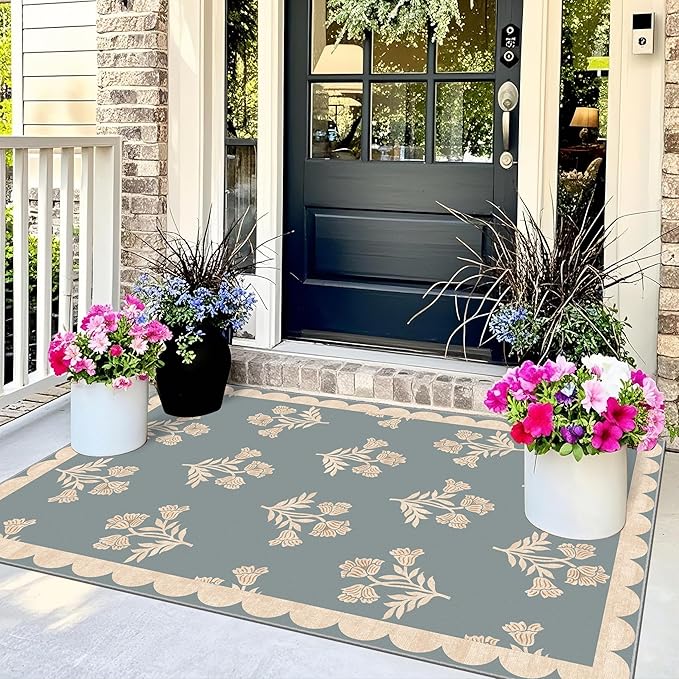 3x5 Floral Entry Rug - Small Washable Indoor Outdoor Mats for Front Door Non-Slip Porch Rug Blue Boho Farmhouse Scalloped Throw Rugs for Living Room Bedroom Entryway Kitchen Office Porch Decor
