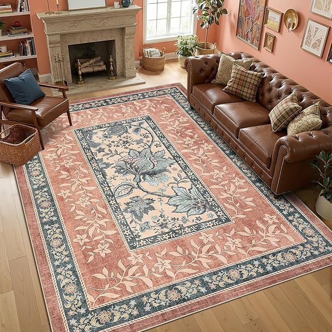 GarveeHome Terracotta Teal 8x10 Area Rugs for Living Room, Botanical Grove Cottagecore Washable Rug for Bedroom Dining Nursery Low-Pile Vintage Large Carpet