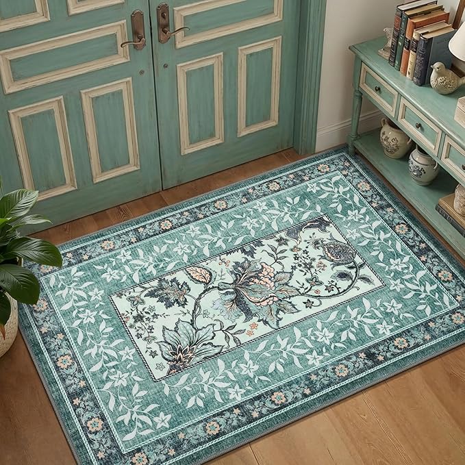 GarveeHome Teal Washable 6x9 Area Rugs, Botanical Grove Vintage Cottagecore Non-Slip Rug for Living Room Bedroom Nursery Kitchen Low-Pile Retro Large Carpet