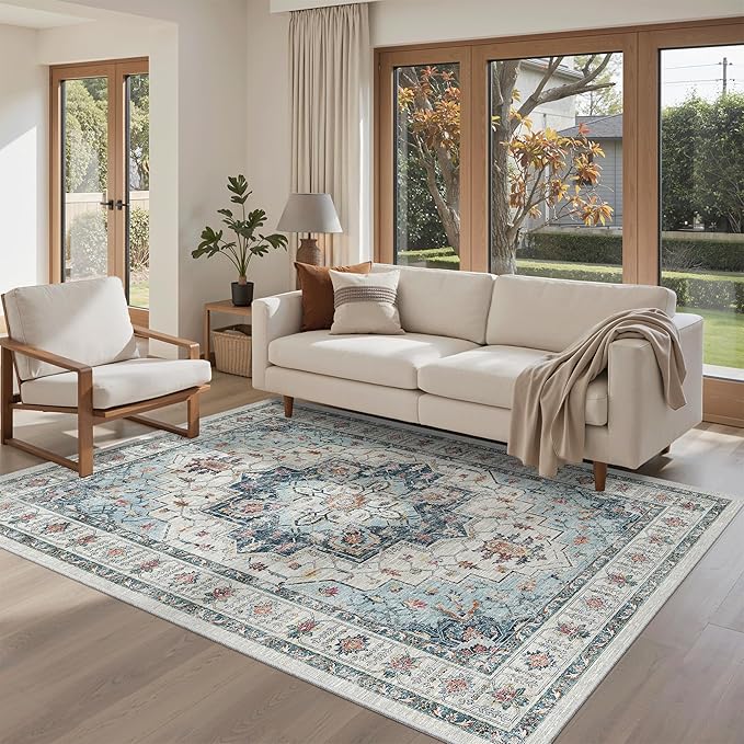 Madane Area Rug 3x5, Entryway Washable Vintage Runners Bedroom Non Slip Indoor Kitchen Runner for Living Room Laundry Room Playroom Soft Non-Slip Area Rugs, Blue