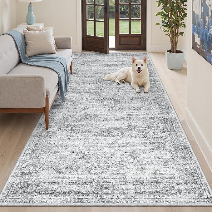 Hallway Runner Rug 4x8 Wide: Washable Thin Runners for Hallways Entry, Non Slip Soft Vintage Kitchen Area Rugs for Living Room Bedroom Dining Room Foyer (Grey, 4x8)
