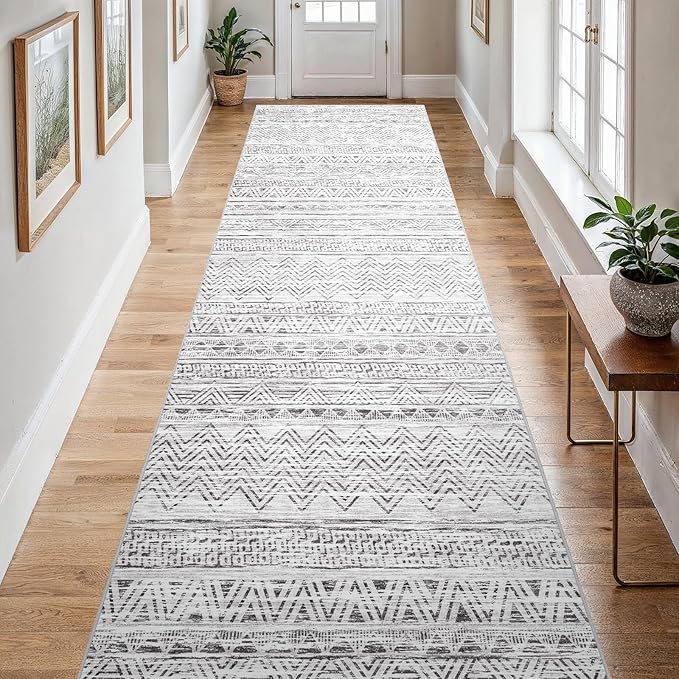 4x12 Washable Hallway Runner Rug：Moroccan Non-Slip Wide Runners for Entryway Kitchen Soft Modern Geometric Low-Pile Rugs for Living Room Thin Waterproof Carpet for Bedroom Bathroom Laundry(Grey,4x12)