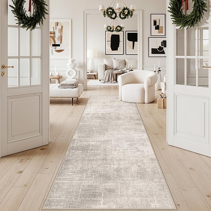 Abstract 3x10 Kitchen Rug Runners - Washable 10ft Hardwood Sink Rugs Non-Slip Hallway Entryway Area Rugs Soft Floor Mat Indoor Farmhouse Carpet for Bathroom Living Room Bedroom (3x10,Beige/Cream)