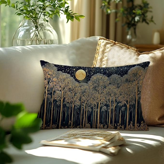 Rustic Dark William Morris Night Forest Moon Decor Pillow Covers 12x20,Vintage Gold Botanical Nature Landscape Decorative Throw Pillow Covers for Home Bedroom Living Room