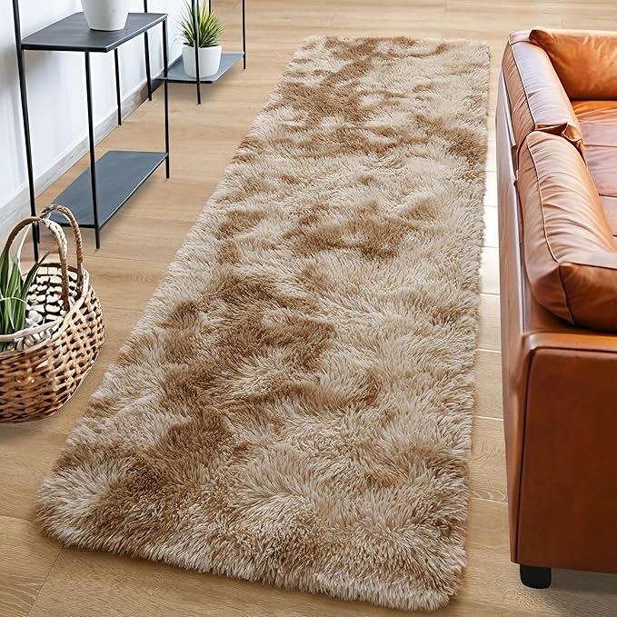 Tepook Fluffy Runner Rugs for Bedroom Aesthetic 2x6 Feet, Shag Soft Bedside Rug with Non-Slip Bottom, Fuzzy Plush Carpet for Room, Hallway Rug for Nursery Dorm Indoor Home Decor, Tie-Dyed Beige