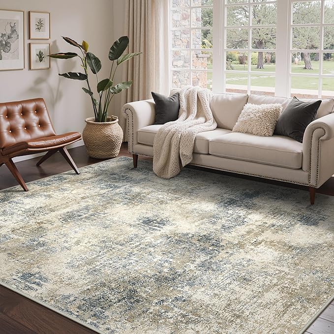 Area Rugs 6x9 for Living Room Bedroom, Modern Abstract Machine Washable Rug, Large Soft Low Pile Floor Carpet with Non Slip Backing for Dining Room, Blue Mist