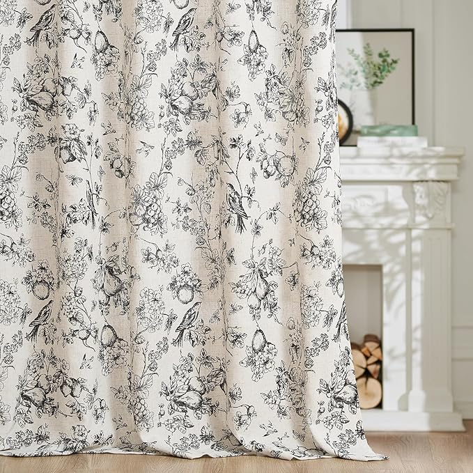 jinchan Linen Floral Curtains for Living Room 84 Inch Length Black Printed Flower Light Filtering French Country Curtain Farmhouse Cottage Core Toile Curtains Back Tab Window Drapes Set 2 Panels