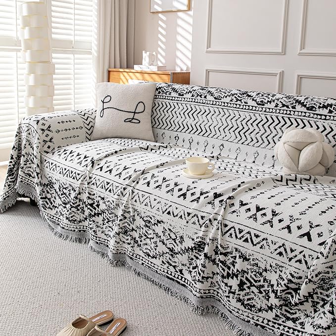 Boho Chenille Couch Cover for Dogs, Non Slip Sofa Cover, Couch Slipcover Covers for 3 Cushion, Furniture Protector with Tassels for Pets Washable, 71"x118", Geometric Black