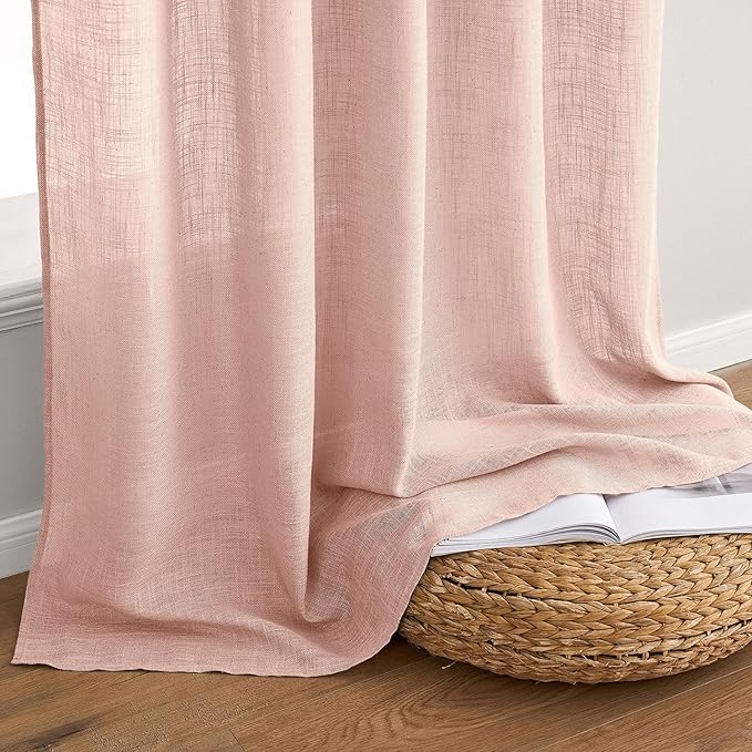 MIULEE Blush Pink Linen Curtains 90 Inch Long 2 Panels for Girls Bedroom Nursery, Soft Thick Linen Textured Window Drapes Semi Sheer Light Filtering Back Tab for Kids Living Room Light Pink Decor
