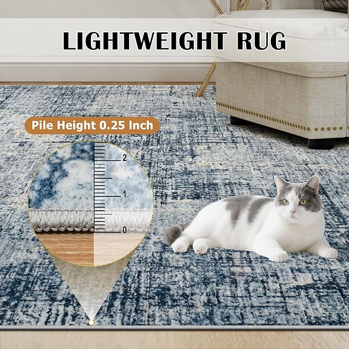 9x12 Area Rugs for Living Room Washable Rug: Anti-Skid Abstract Modern Living Room Rug Soft Thin Carpets Indoor Floor Non-Shedding Carpet for Bedroom Dining Farmhouse Nursery Home Office Blue Gold