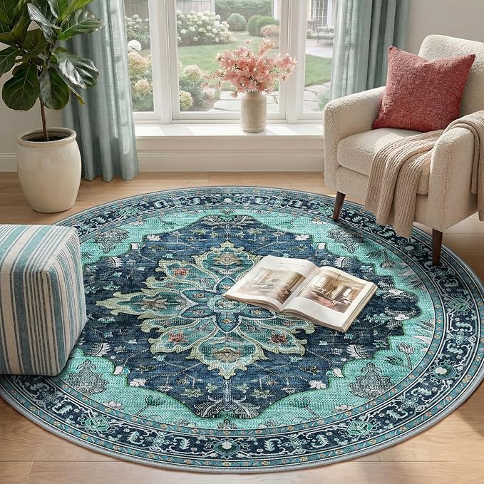 Area Rugs 4ft Washable Non-Slip, Floral Vintage Distress Print Pattern Medallion Carpet for Living Room Bedroom Dining Room, Teal Green Lake Blue Turquoise