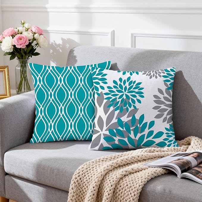 Hexagram Geometric Teal Pillow Covers 18x18 Set of 4, Decorative Outdoor Boho Modern Throw Pillow Covers, Home Sweet Home Farmhouse Cushion Case for Couch Sofa Bedroom Indoor Decor(No Insert)