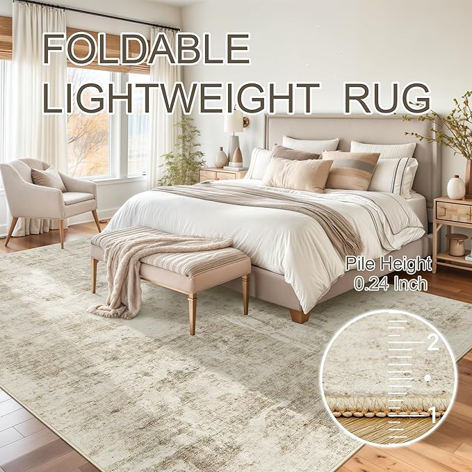 Abstract Rug 8x10 Large Living Room Rugs Neutral Modern Washable Area Rugs for Bedroom Dining Room Non-Slip Stain Resistant Foldable Thin Rug Beige Gray