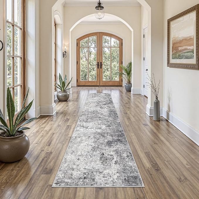 UERMEI 2X10 Washable Runner Rug for Hallway: Soft Neutral Modern Abstract Area Rug - Non-Slip Low Pile Long Throw Indoor Carpet for Kitchen Entryway Kitchen Bedroom Laundry - Grey