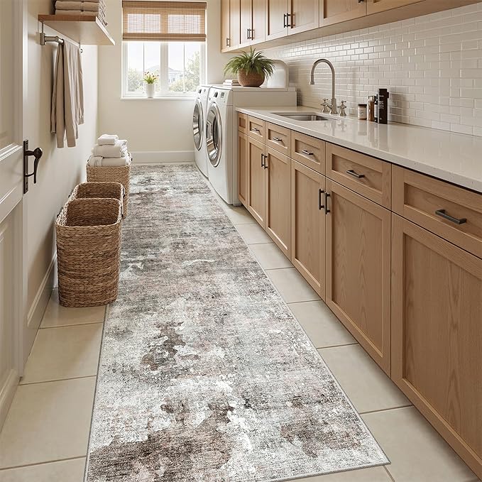 Runner Rug 2x10 Washable Non-Slip Hallway Runner Rugs for Kitchen Bathroom Laundry Room Pink/Grey Vintage Floor Carpet Runners for Hallways Entryway