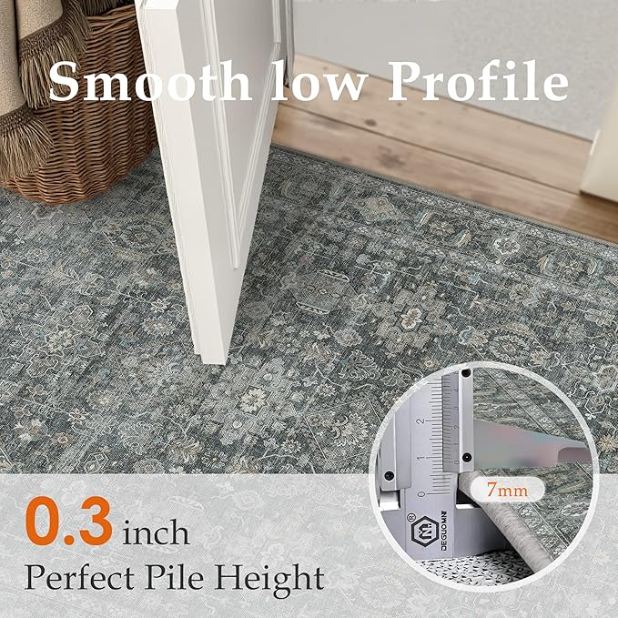 9x12 Washable Area Rug for Living Room Bedroom Vintage Black Grey Non Slip Carpet Traditional Retro Soft Low Pile Large Throw Rug for Dining Room Kitchen Office Indoor