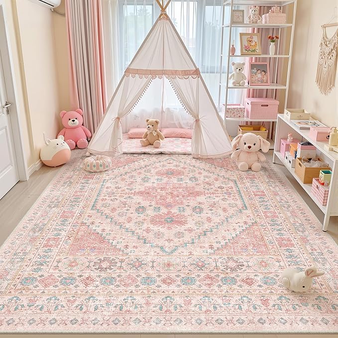zesthome 8x12 Area Rugs for Girls Bedroom, Low Pile Machine Washable Rugs, Vintage Large Pink Rugs, Stain Resistant Nursery Room Rug, Baby Crawling Rug (Pink/Blue,8'x12')