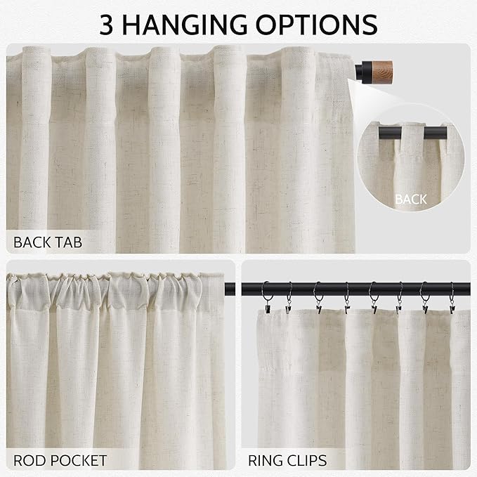 Nanspring Mousse White Linen Curtains 63 Inch Length for Living Room Luxury Light Filtering Semi Sheer Curtain Back Tab Simple Modern Elegant Coastal Decor Drapes for Bedroom Office 52x63, 2 Panels