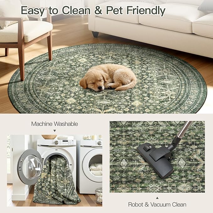 Lofus 8ft Area Rugs for Living Room, Green Washable Area Rug with Non-Slip Backing,Soft Boho Carpets for Bedroom Dining Room Home Office Indoor Nursery