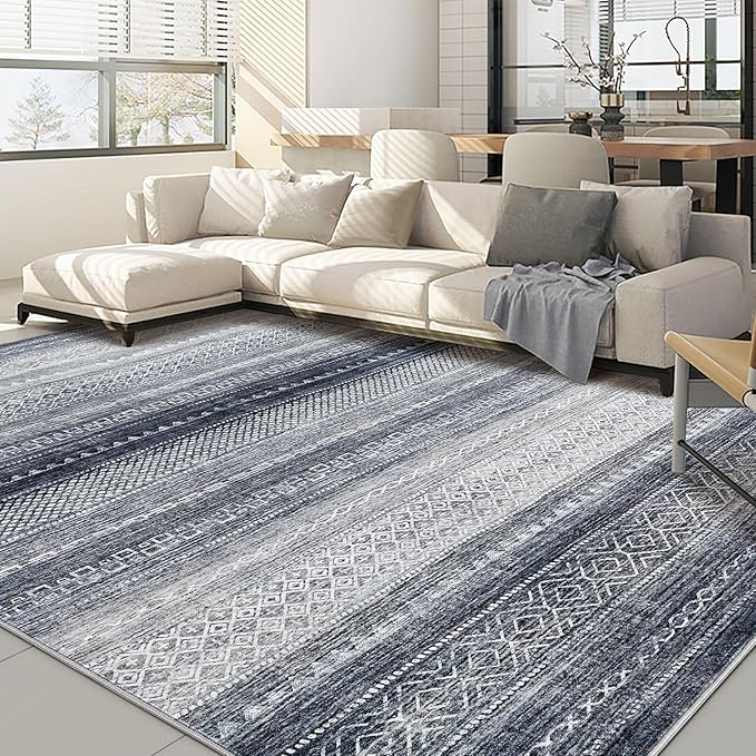 Nakagishi Area Rugs 9x12 Living Room Rug: Washable Boho Large Neutral Modern Soft Stain Resistant Indoor Floor Non-Slip Moroccan Accent Carpet for Bedroom Nursery Kid Playroom Office Dining Room- Blue