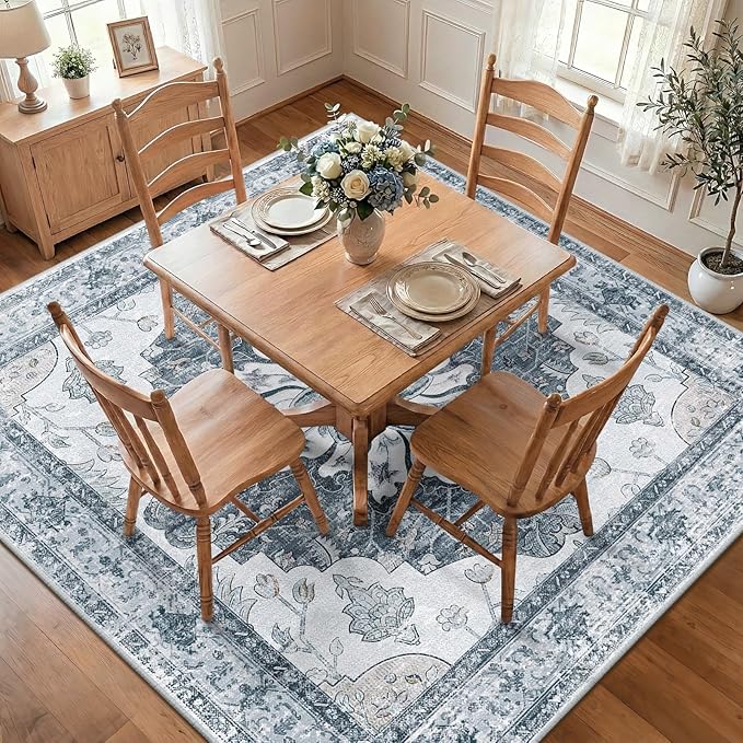 Area Rugs Square 8ft Washable Non-Slip, Floral Vintage Distress Print Pattern Medallion Carpet for Living Room Bedroom Dining Room, Light Gray Grey White