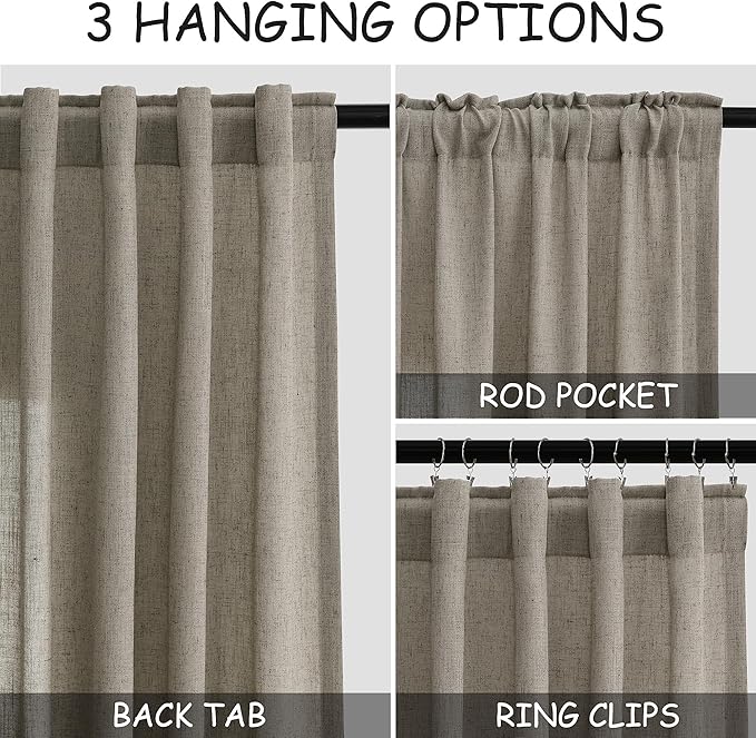 Mocha Linen Curtains 90 Inch Length 2 Panels Set for Living Room Rod Pocket Back Tab Window Drapes Light Filtering Modern Farmhouse Curtain 90 Inches Long for Dining Room Bedroom Nursery 52x90