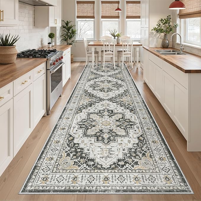 Madane Hallway Rug 3x10, Kitchen Rugs Washable Entryway Rug Vintage Kitchen Runners Non Slip Indoor Area Rug Farmhouse Carpet Runner for Bathroom Living Room Bedroom, Black