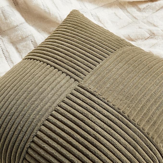 Fancy Homi 2 Packs Olive Green Decorative Throw Pillow Covers 20x20 Inch for Living Room Couch Bed Sofa, Rustic Farmhouse Boho Home Decor, Soft Corss Corduroy Patchwork Accent Cushion Case 50x50 cm