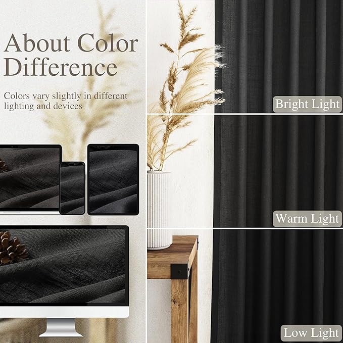 Nanspring Black Short Linen Textured Curtains 40 Inches Long 2 Panels Set for Bedroom Small Window Curtain Back Tab Rod Pocket Semi Sheer Light Filtering Drapes for Kitchen Cafe Living Room W52xL40