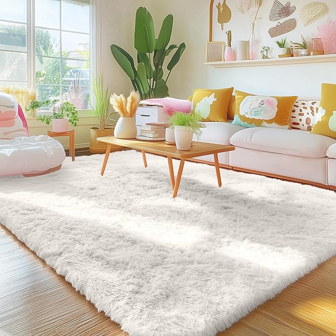 OLANLY 5x5 Area Rugs for Living Room Bedroom, Machine Washable Soft Fluffy Shaggy Bedside Rug, Indoor Floor Carpet for Kids Girls and Boys, Dorms, Nursery Rooms, Home Decor Aesthetic, Ivory