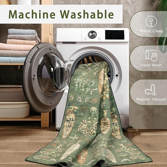 Washable Rugs 8x10 Area Rugs for Living Room,Bedroom,Dining Room- Large Ultra Soft Faux Wool Retro Carpet,Non Slip&Non-Shedding Low Pile Vintage Print Rug for Home Office Dorm-Grass Green