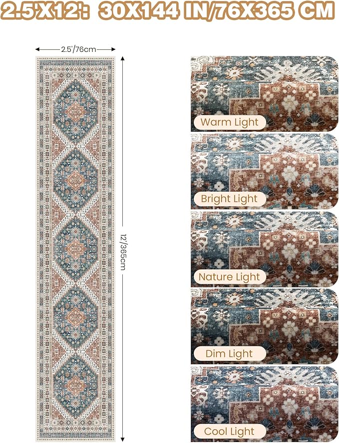 Carpet Runners for Hallway 12ft, Non-Slip Long Bathroom Rugs Runner for Kitchen, Living Room, Soft Vintage Washable Rug for Entryway, Thin Floor Mat for Dining Room(Blue/Red,2.5'x12')