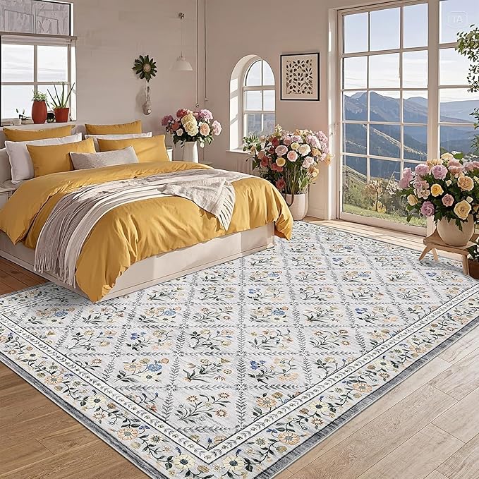 Large Area Rugs 10x13 Washable Rug for Spring Farmhouse Floral Carpet Grey Beige Soft Non Slip Low Pile Faux Wool Stain Resistant for Bedroom Kitchen Bathroom Laundry