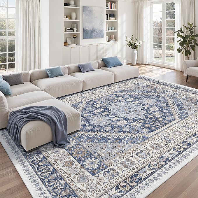 zesthome 8x12 Area Rugs,Stain Resistant Washable Rug,Ultra-Thin Rugs for Living Room,Bedroom,Non-Slip Backing Home Decor Large Area Rug (Blue/Beige,8'x12')