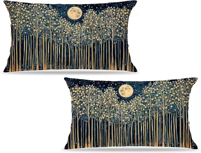 Rustic William Morris Inspired Night Forest Green Moon Decor Pillow Covers 12x20 Set of 2,Vintage Botanical Nature Landscape Decorative Throw Pillow Covers for Home Bedroom Living Room