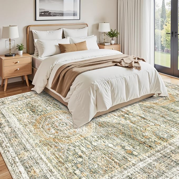 Soalmost Washable Area Rug 8x10, Large Soft Rugs for Living Room Vintage 8x10 Area Rugs for Bedroom Dining Room Non-Slip Stain Resistant Under Table Green Orange Rug