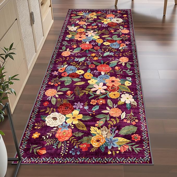 Rug for Hallways Kitchen Rug 3x7, Non Slip Washable Rugs with Rubber Backing Soft Floral Carpet Runner for Hallways, Kitchen, Laundry, Bedroom, Bathroom(3 x 7, Purple)