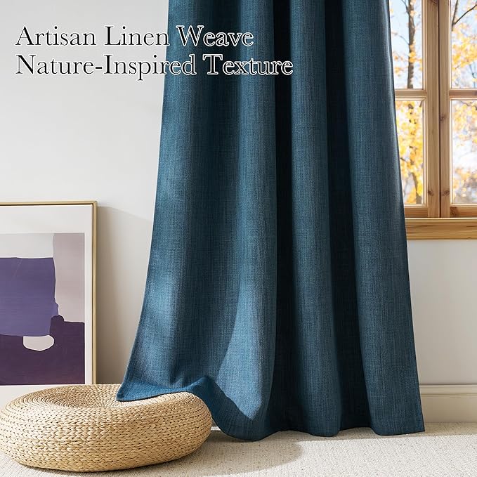 NICETOWN Short Faux Linen Stone Blue Blackout Curtains 63 inches Long for Kitchen - Privacy Panels for Living Room Bedroom, Modern Farmhouse Style Easy Care Grommet Top, 2 Panels, W42 by L63