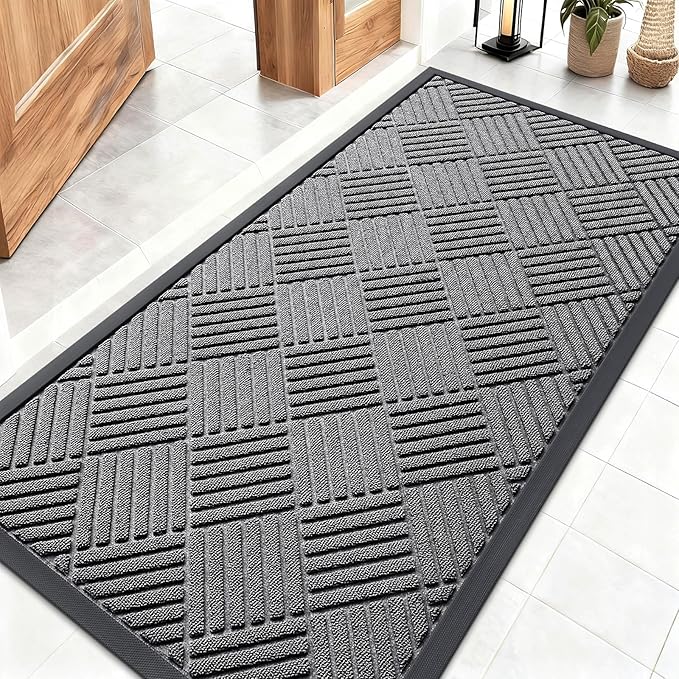 OLANLY Front Door Mat Outside Entrance 47x23, Absorbent, Heavy Duty Sturdy Natural Rubber Doormat Indoor Outdoor, Stain and Fade Resistant, Non-Slip Low Profile Floor Mat for Entryway, Grey Diamond
