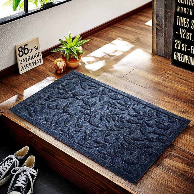 Blue Leaves Outdoor Indoor Entrance Doormats, Absorbent Durable Heavy Duty Welcome Front Door Mat,Thick Natural Rubber Back,Easy Clean Entryway Mat 17x30 Inch, Low Profile