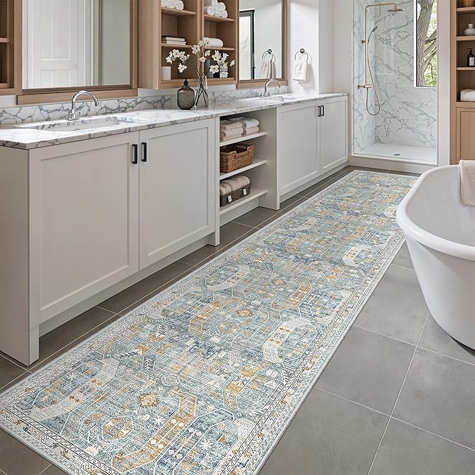Madane Runner Rugs for Hallway 2x10 Long Washable Non-Slip Hallway Runner Rug Low-Pile Stair Kitchen Runner Soft Throw Carpet for Entrance Living Dining Laundry Room (Blue/Gold, 2 x 10)