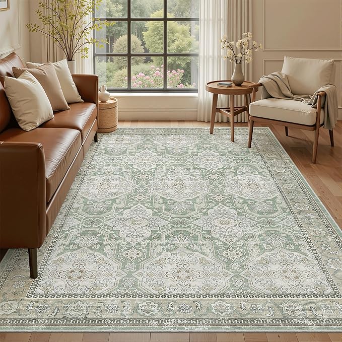 6x9 Area Rug for Living Room Washable 6x9 Rug Non-Slip Modern Rugs for Bedroom Dinning Room Ultra-Thin Indoor Green/Brown Rug