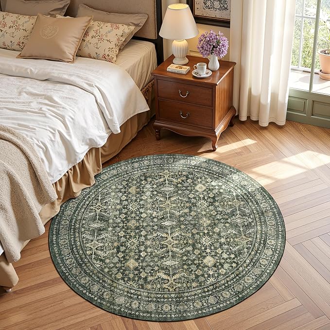 Lofus 4ft Area Rugs for Living Room, Green Washable Area Rug with Non-Slip Backing,Soft Boho Carpets for Bedroom Dining Room Home Office Indoor Nursery