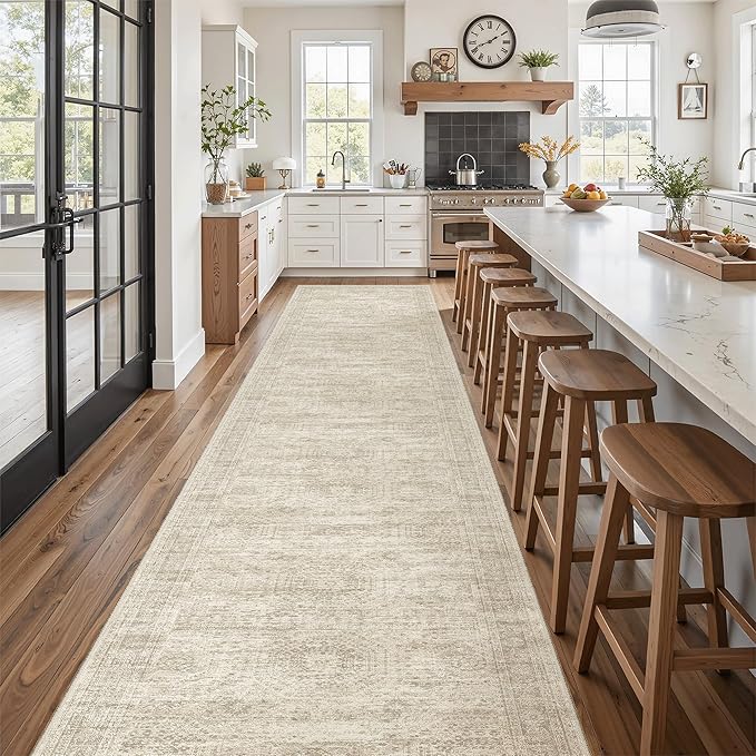 Hallway Runner Rug 3x16 - Vintage Non Slip Washable 16ft Kitchen Runner for Entrance Soft Long Carpet Runners for Living Room Bedroom Dining Room, Beige