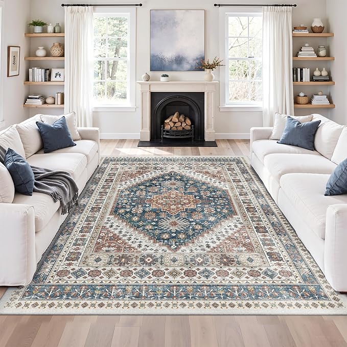 zesthome 5x7 Area Rugs - Ultra-Thin Washble Rug, Stain Resistant Anti Slip Backing Rugs for Living Room,Bedroom, Vintage Home Decor Area Rug (Navy Blue/Red,5'x7')