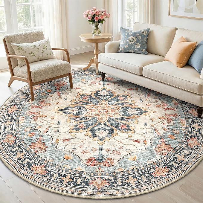 Area Rugs 6ft Washable Non-Slip, Floral Vintage Distress Print Pattern Medallion Carpet for Living Room Bedroom Dining Room, Beige Navy Blue Orange Colorful