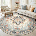 Area Rugs 6ft Washable Non-Slip, Floral Vintage Distress Print Pattern Medallion Carpet for Living Room Bedroom Dining Room, Beige Navy Blue Orange Colorful