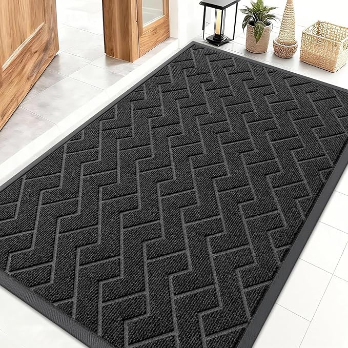 OLANLY Front Door Mat Indoor Outdoor Entrance, Waterproof All-Season, All-Weather Doormat, Sturdy Natural Rubber, Low Profile, Easy Clean Patio Porch Entryway Mat, Herringbone Brick (Black, 47x32)