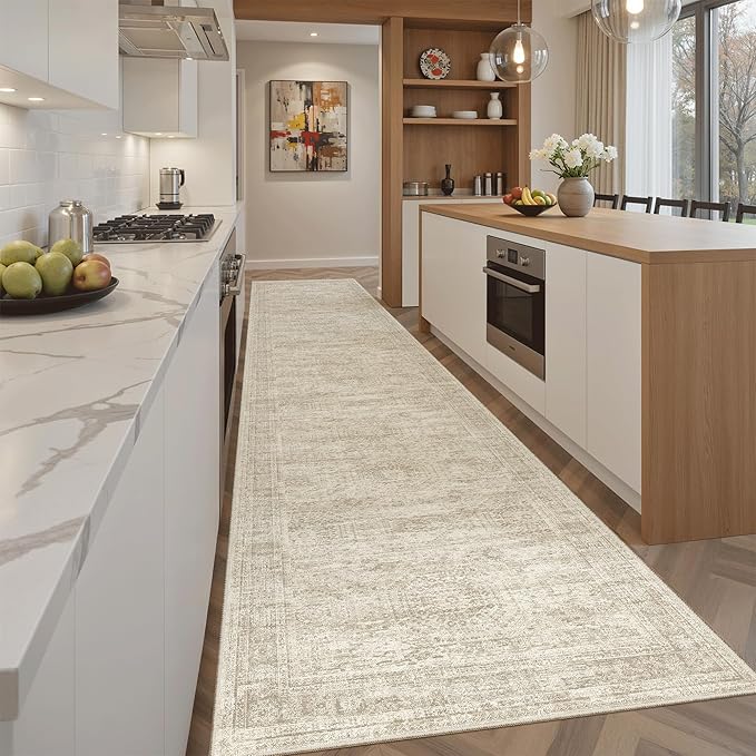 Runner Rug 2'6" x 12' Washable Non-Slip Runner Rugs for Kitchen Bathroom Laundry Room Vintage Ultra Thin Runners for Hallway Entryway Beige