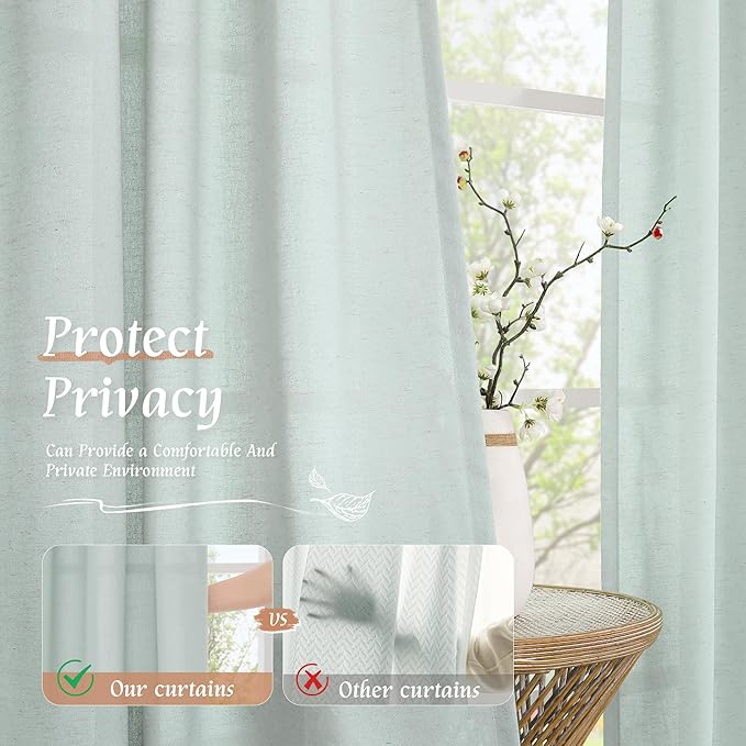 LAMIT Bedroom Linen Curtains 45 Inch Long, Light Filtering Neutral Window Curtains Farmhouse Boho Rod Pocket Room Decor Panels for Small Window/Living Room, 2 Panels, 42 x 45 Inch, Light Blue